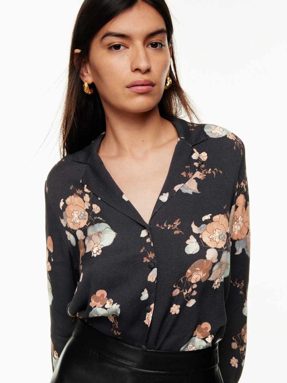 Aritzia Wilfred Tulum Floral Notch Collar Crepe | Blouse | Black Maplewood | M